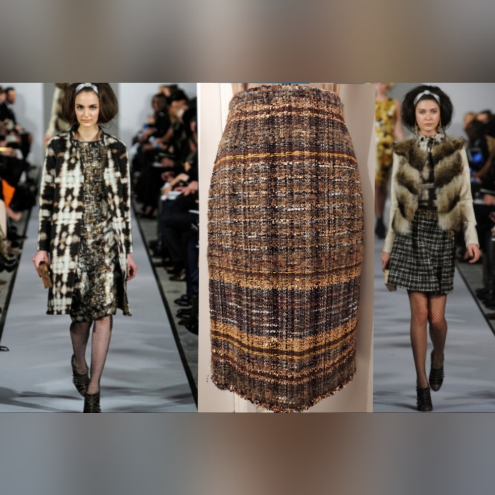 $3,000 OSCAR DE LA RENTA GOLD BROWN ALPACA WOOL TWEED RUNWAY SKIRT US 12